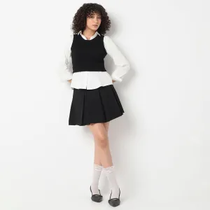 Above Knee High Rise Pleated Flared Skirt