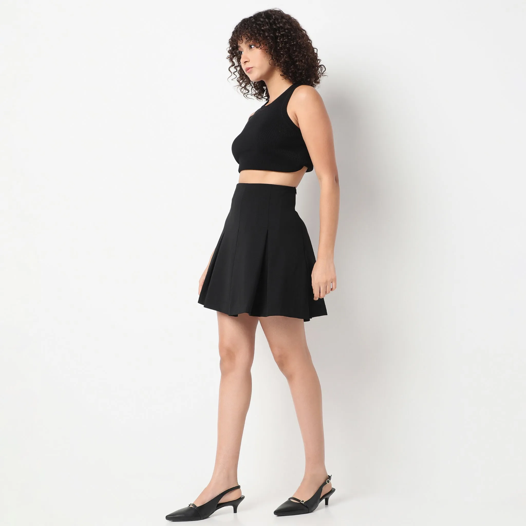Above Knee High Rise Pleated Flared Skirt