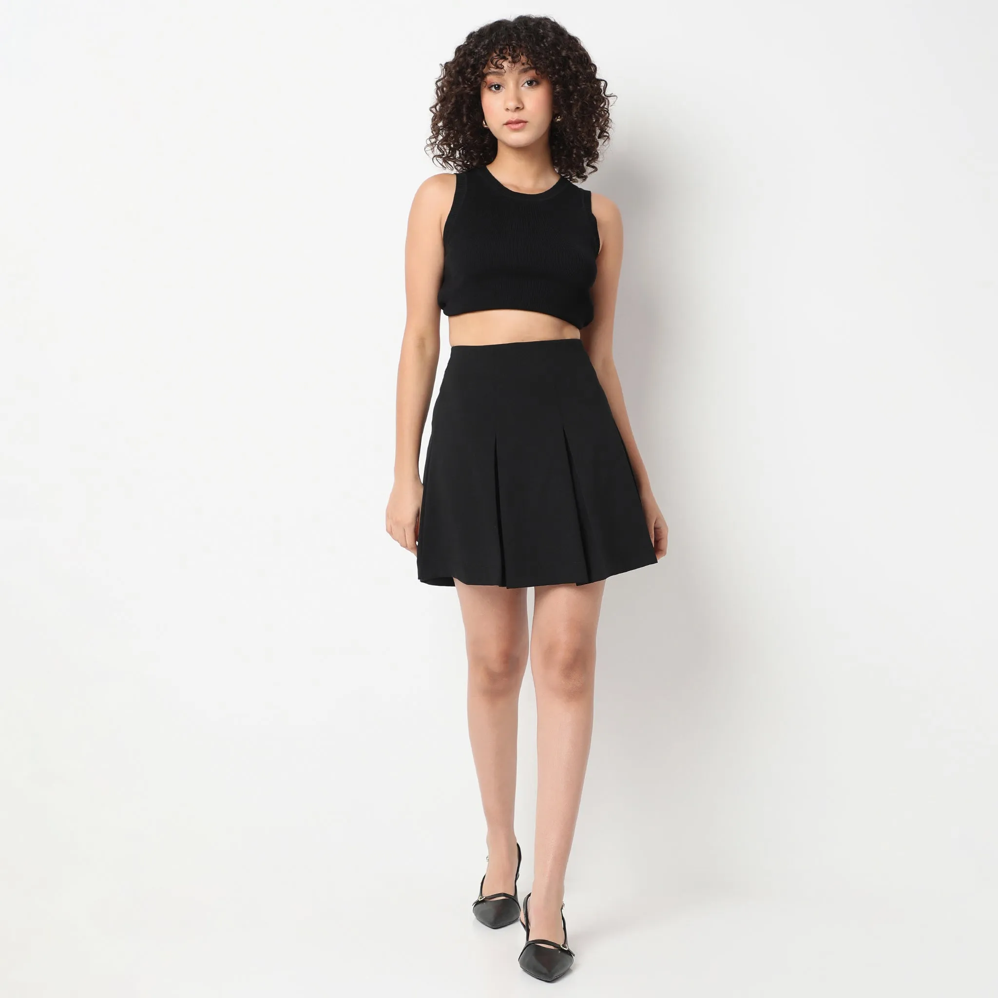Above Knee High Rise Pleated Flared Skirt