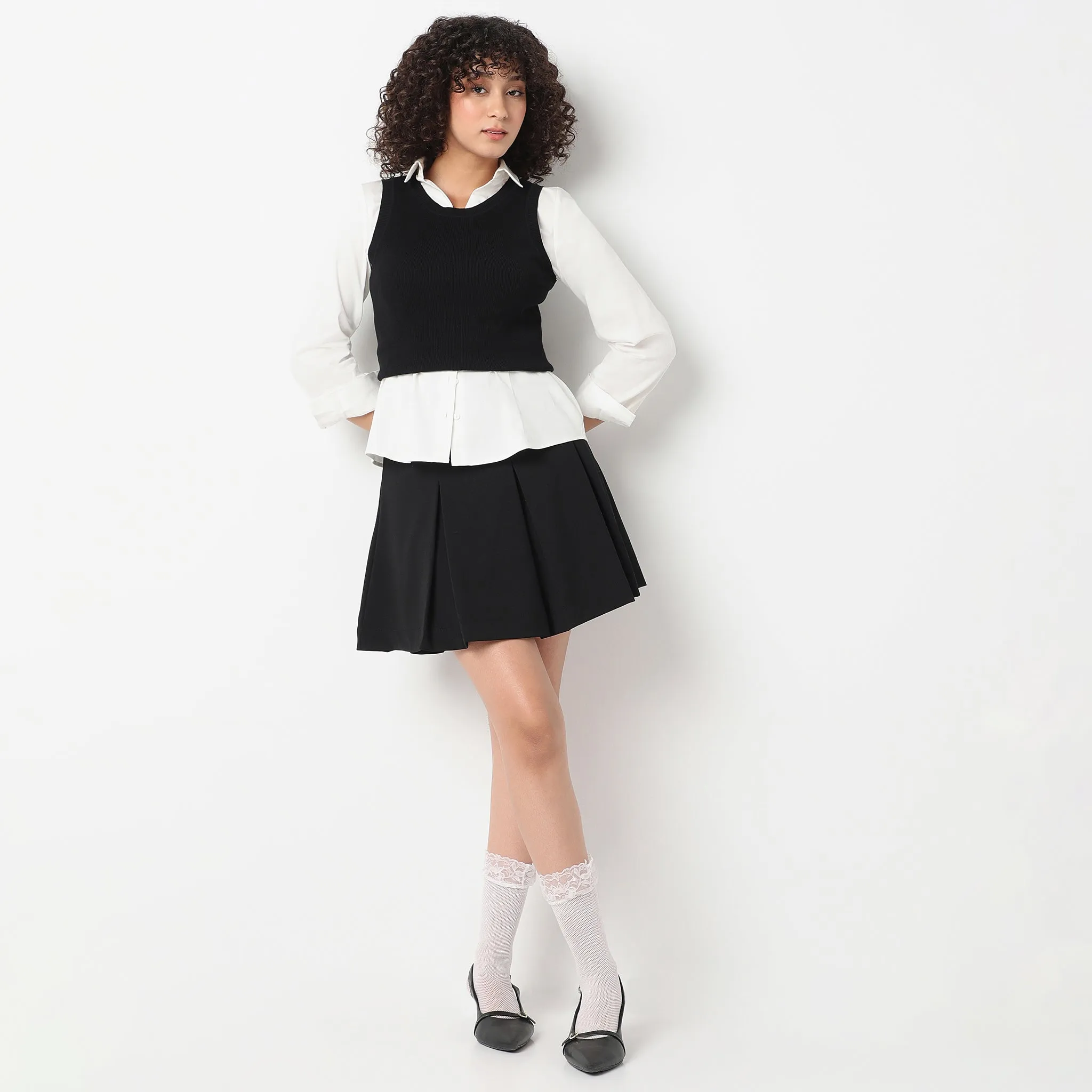Above Knee High Rise Pleated Flared Skirt