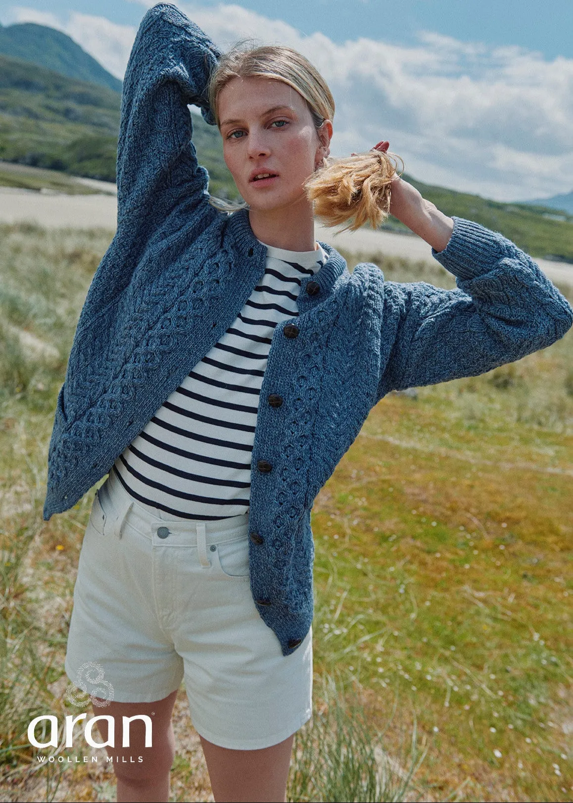 Achill Island Ladies Aran Cardigan | Denim
