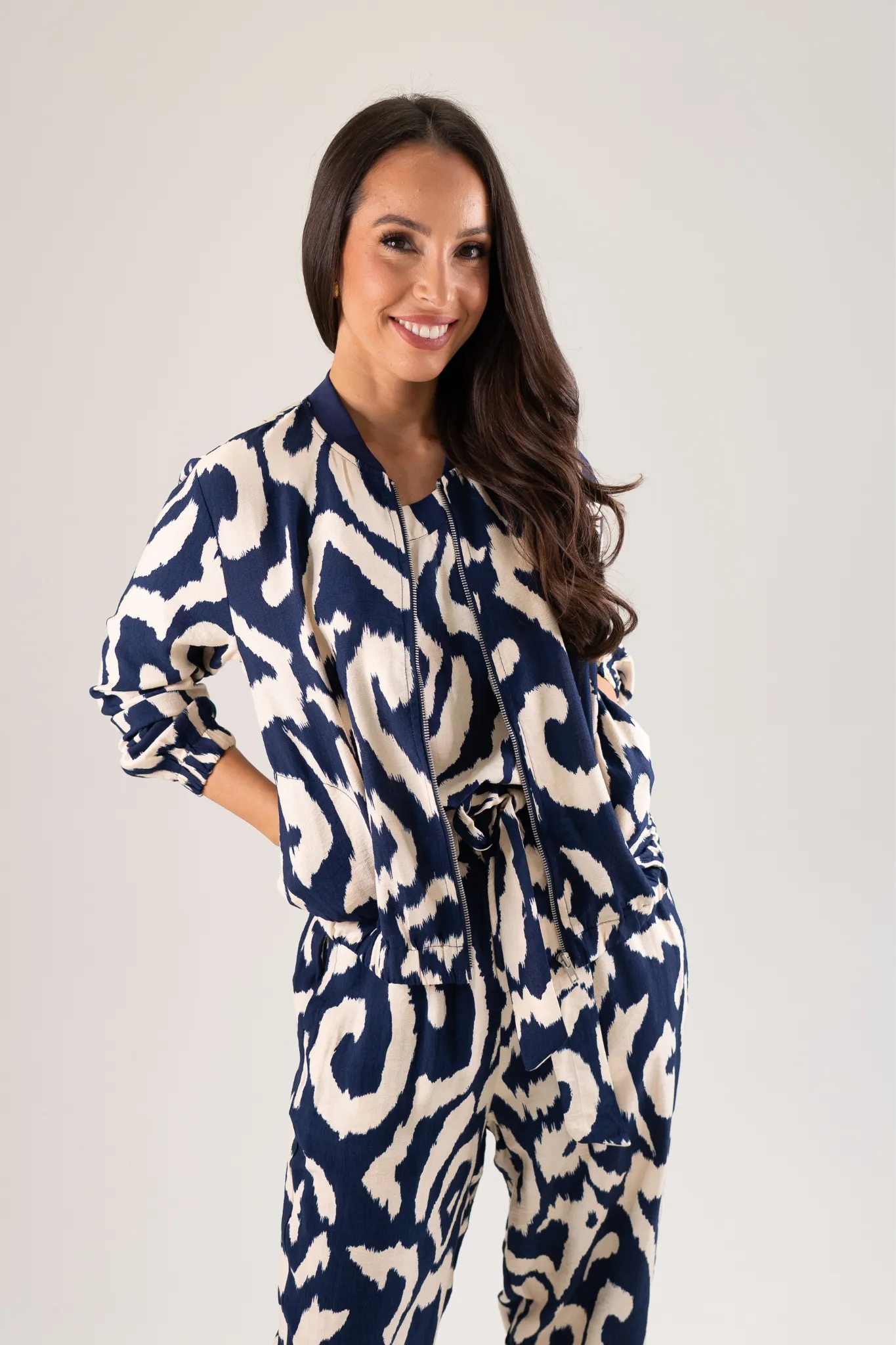 Becca Printed Bomber Jacket In Navy Mix