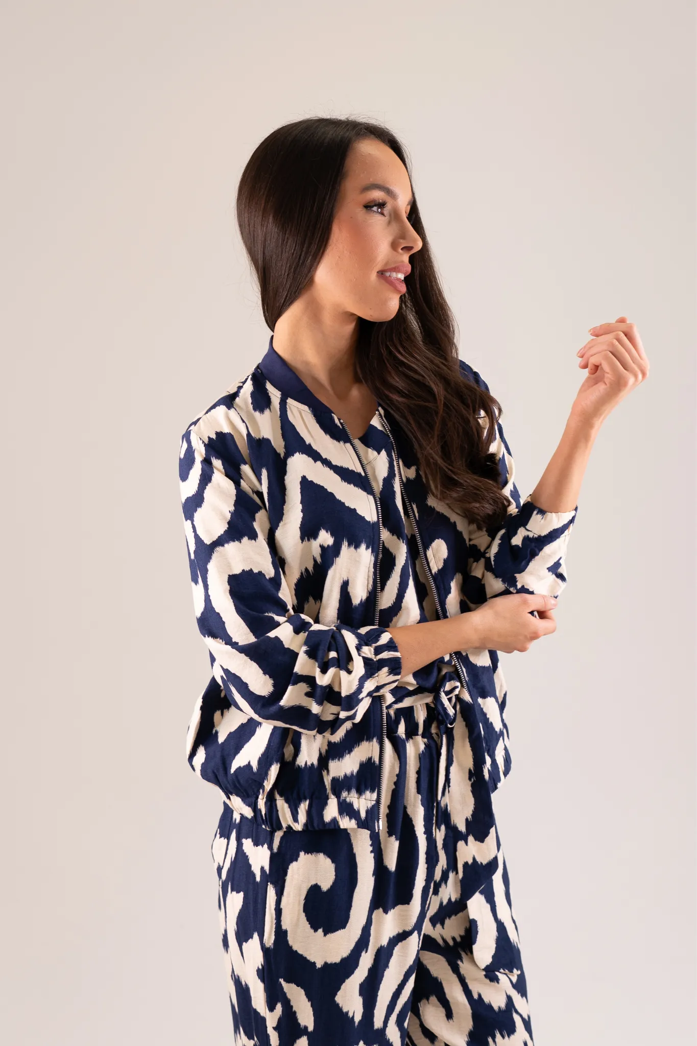 Becca Printed Bomber Jacket In Navy Mix