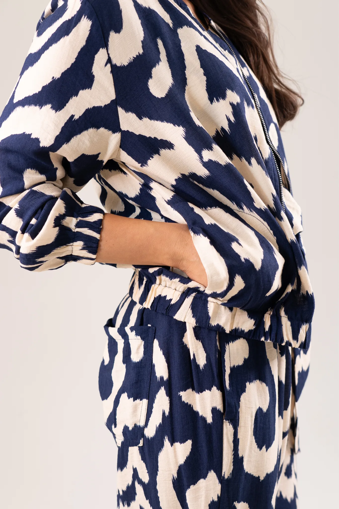 Becca Printed Bomber Jacket In Navy Mix