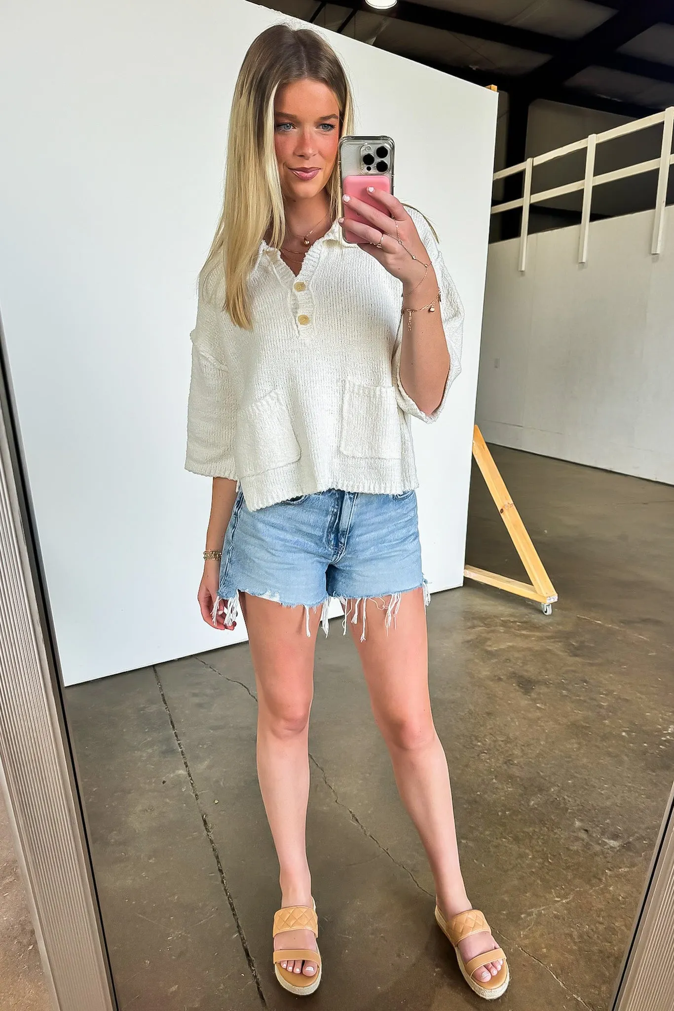 Best Escape Textured Knit Button Detail V-Neck Top