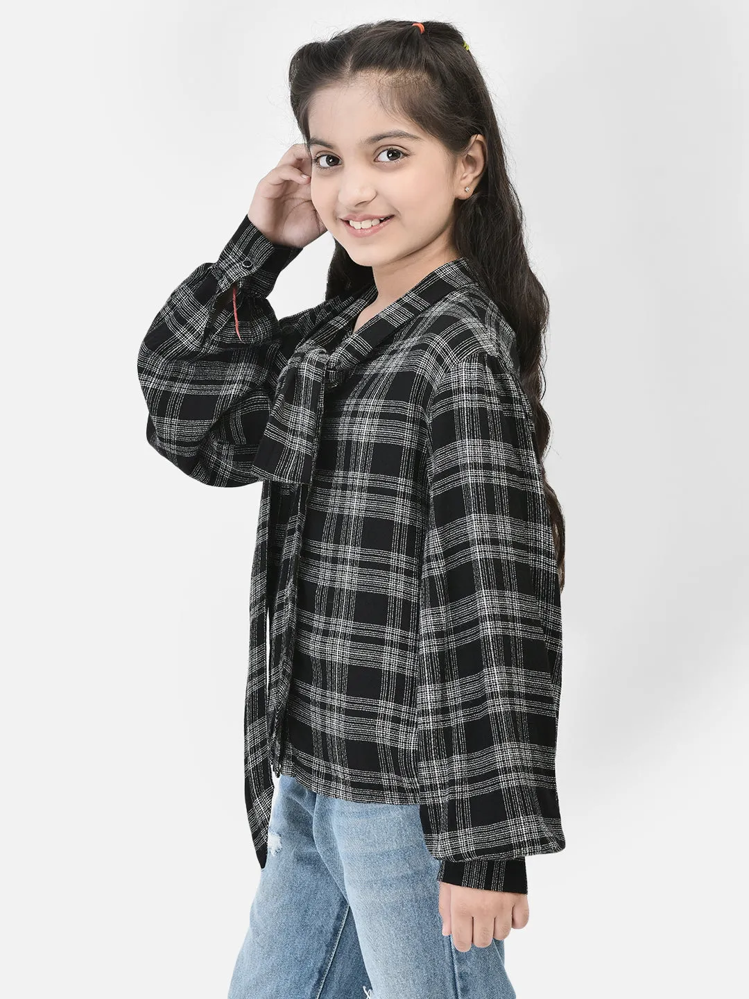 Black Checked Tie Up Neck Shirt