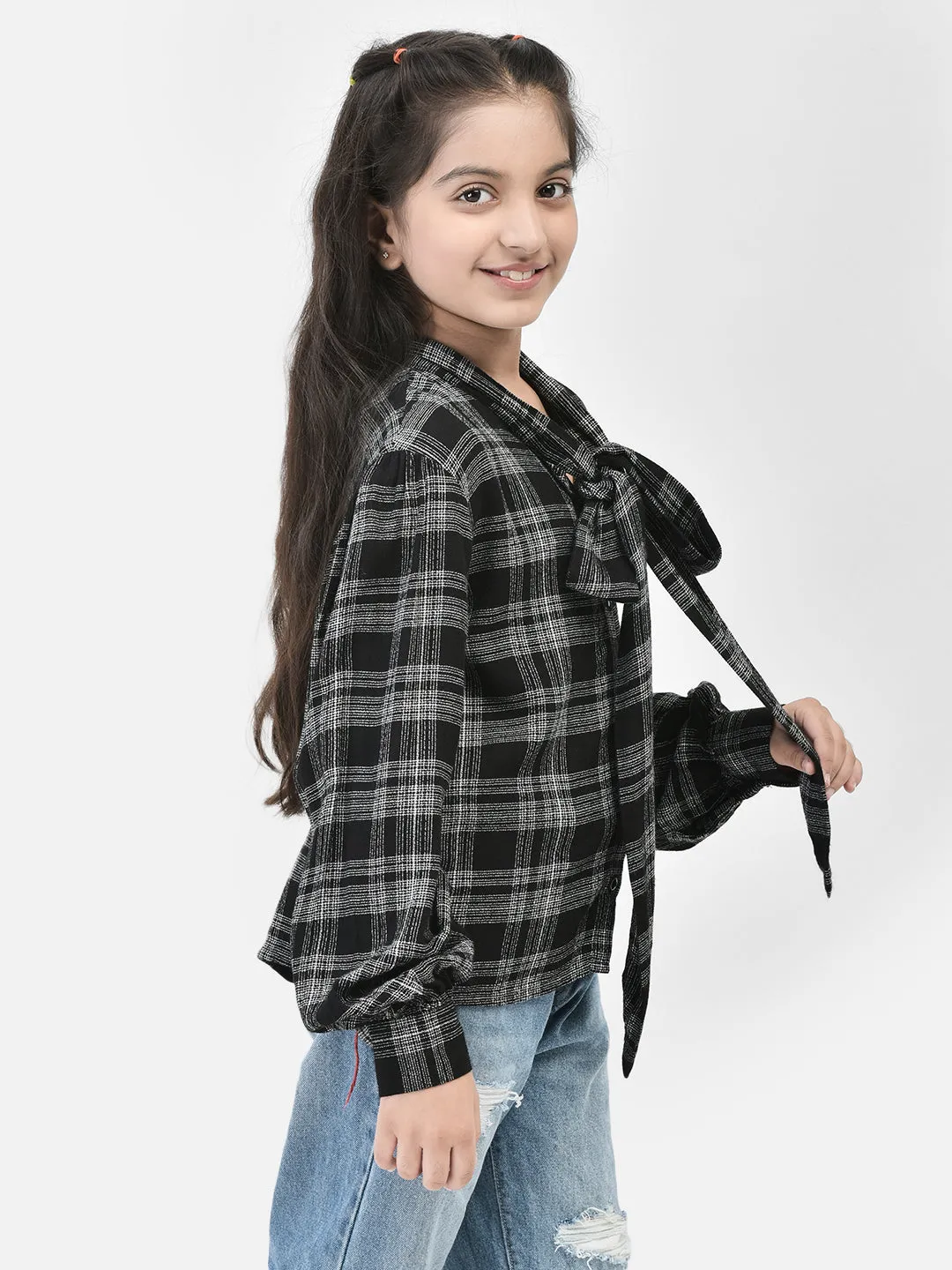 Black Checked Tie Up Neck Shirt