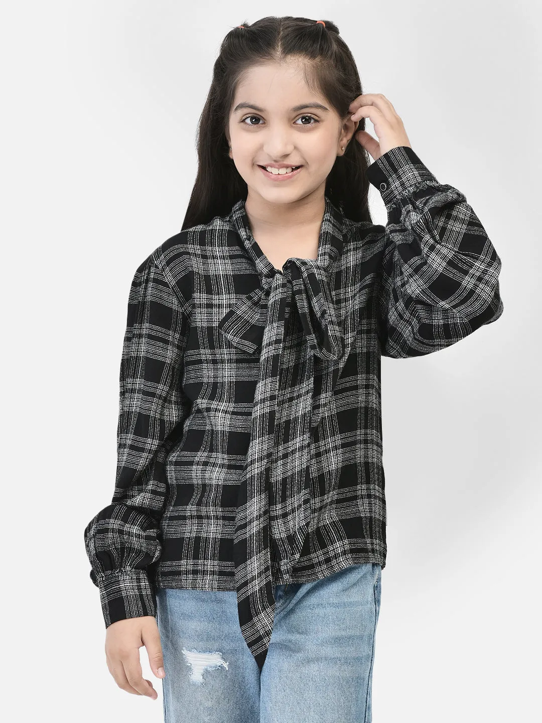 Black Checked Tie Up Neck Shirt