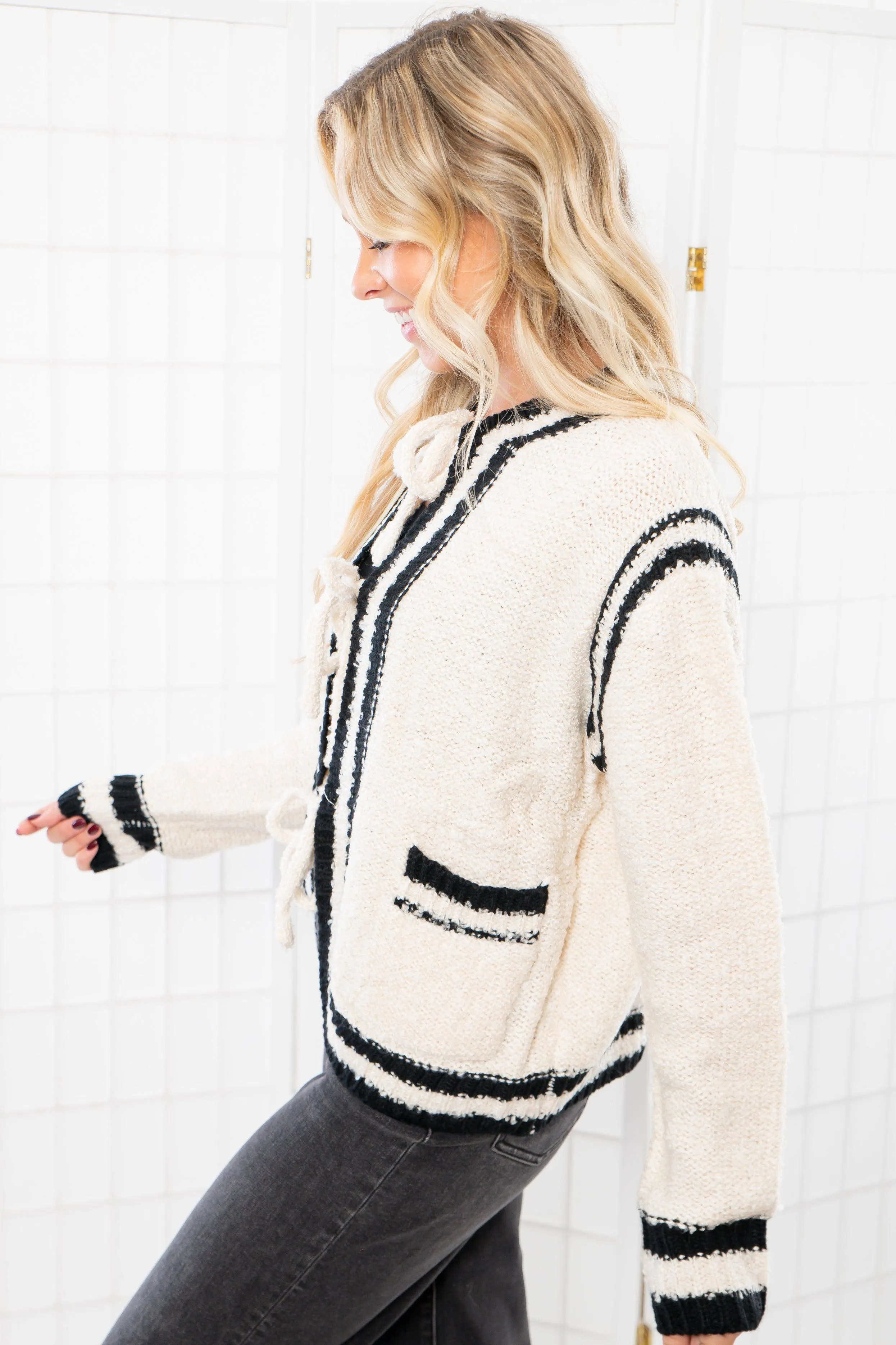 Brooklyn Black & White Fuzzy Front Tie Cardigan