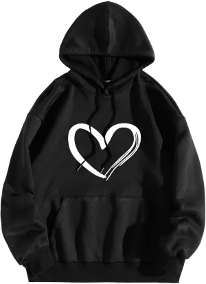 Ceboyel Women Trendy Hoodies Love Heart Print Graphic Sweatshirt Pullover Drawstring Long Sleeve Tops Cute Fall Clothes 2023
