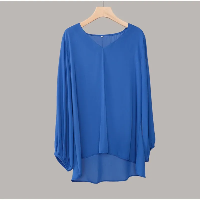 Chiffon Lantern Sleeve Elegant Blouse V Neck Solid Loose