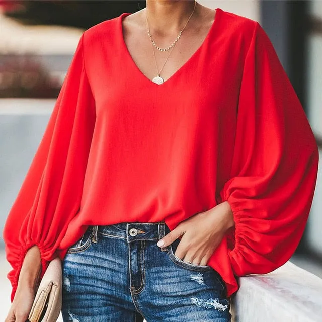 Chiffon Lantern Sleeve Elegant Blouse V Neck Solid Loose