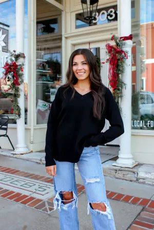 Classic Waffle V-Neck Sweater - Black