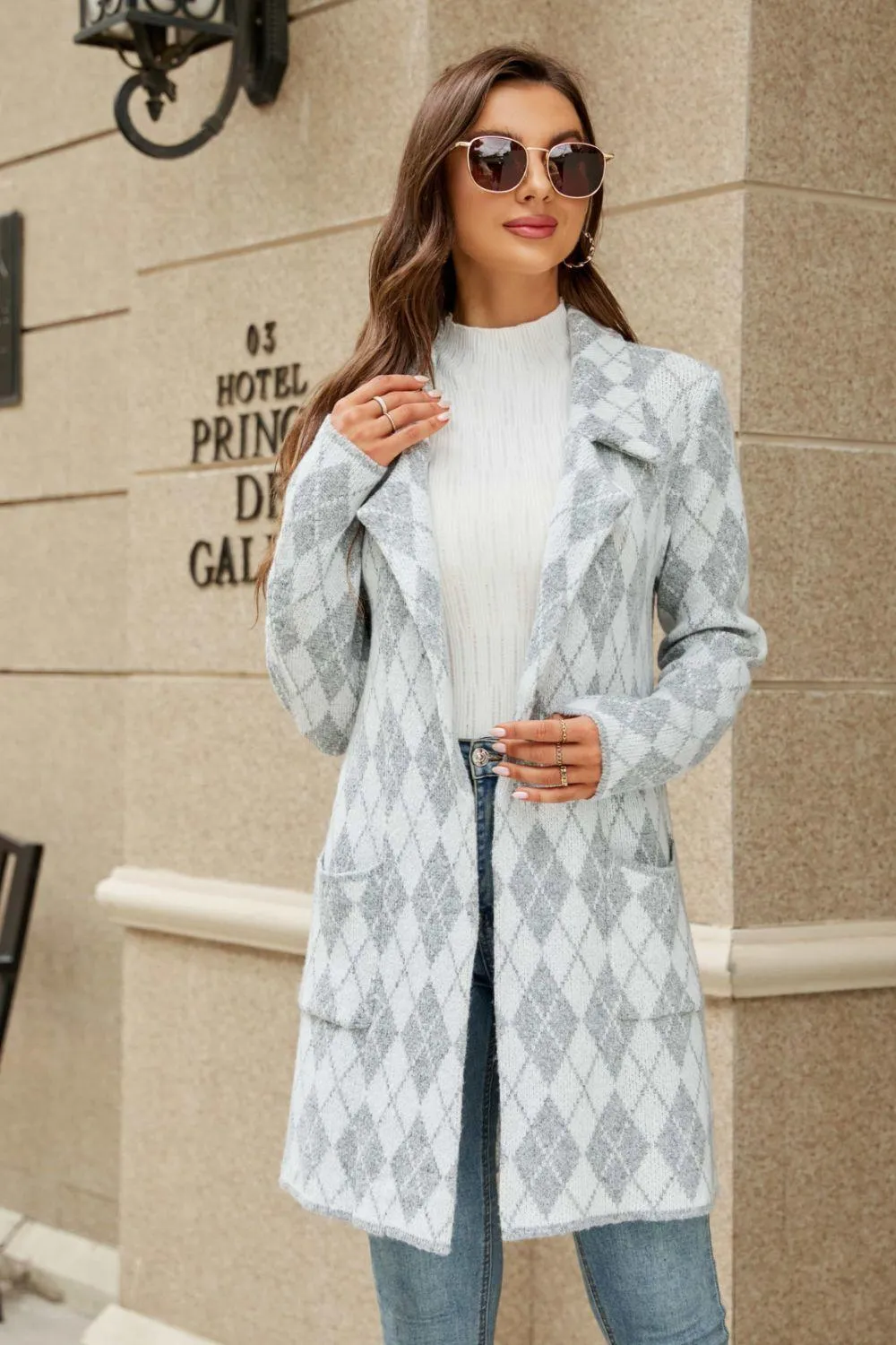 Confidently Unique Lapel Collar Printed Open Front Cardigan