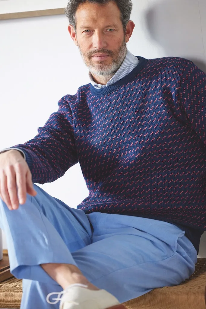COTTON CREW NECK CHEVRON SWEATER - NAVY/RED