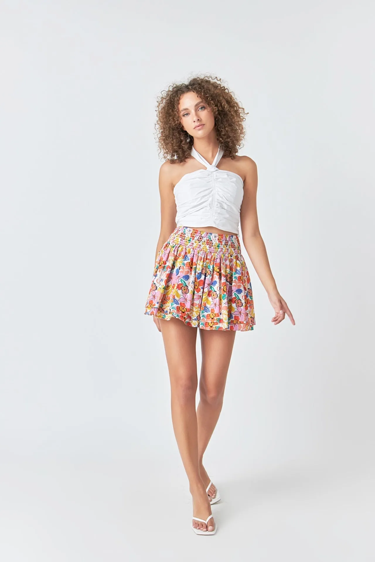 Cotton Floral Print Tiered Mini Skort