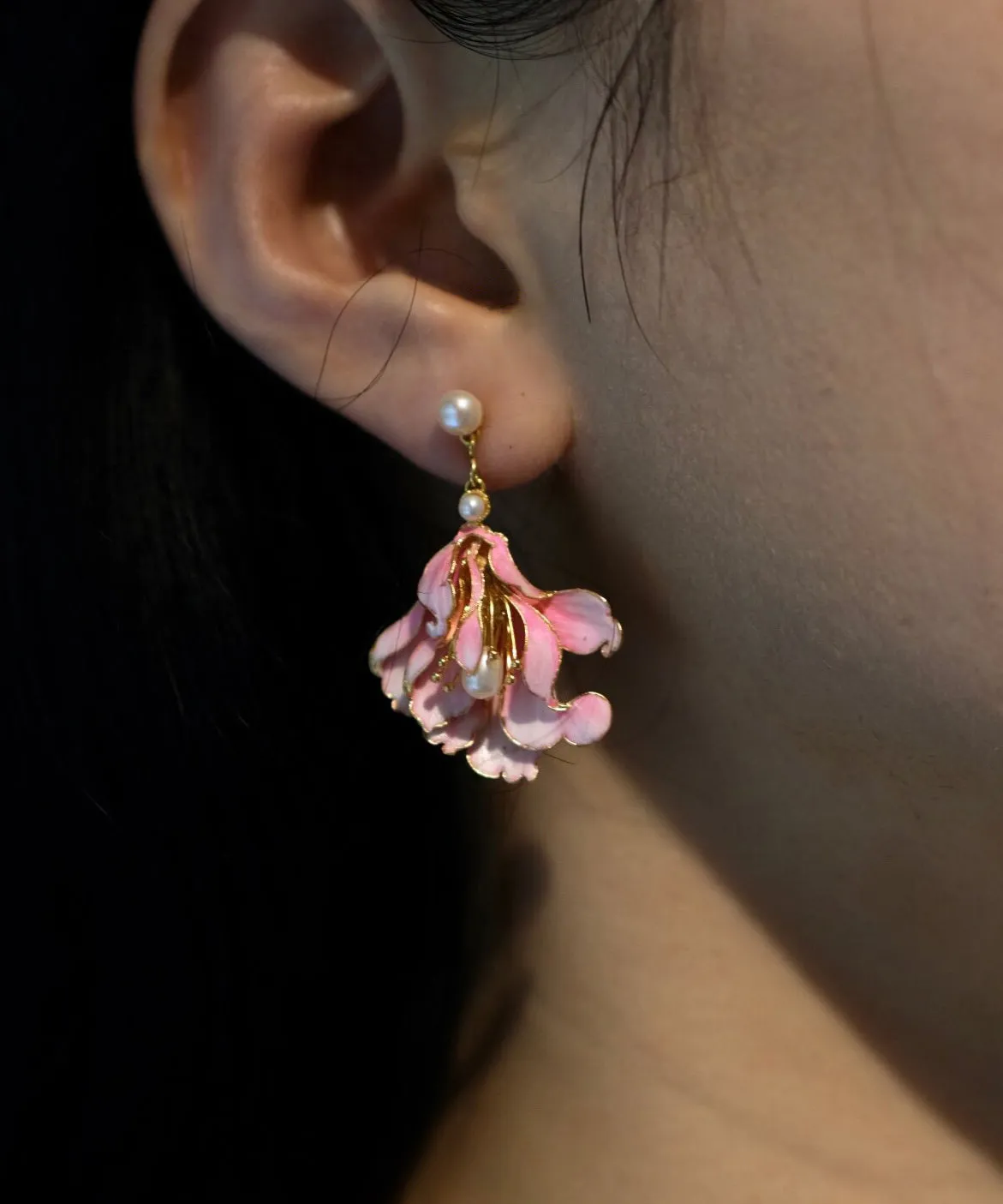 Cute Pink Alloy Pearl Enamel Jade Orchid Drop Earrings WQ007