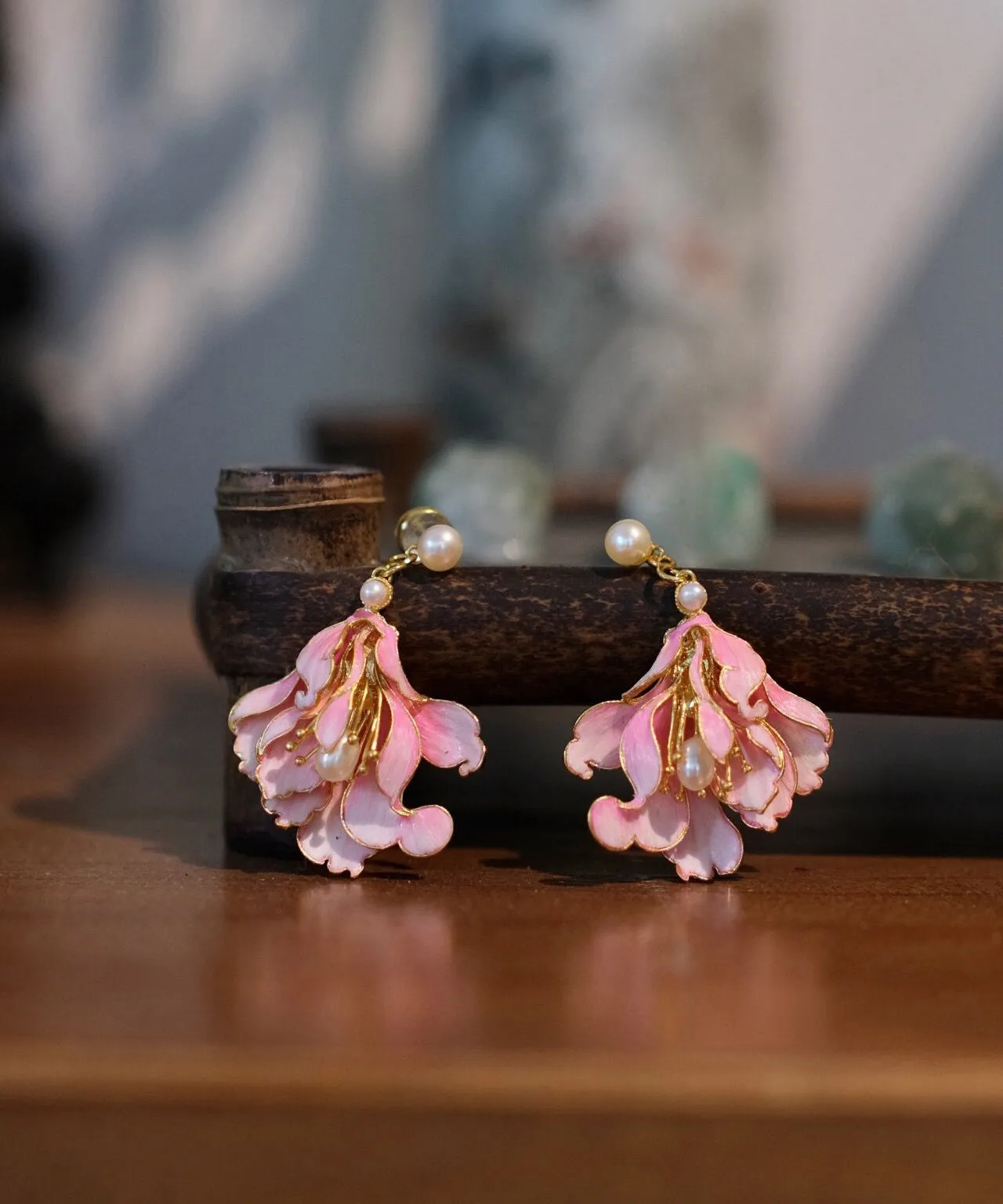 Cute Pink Alloy Pearl Enamel Jade Orchid Drop Earrings WQ007