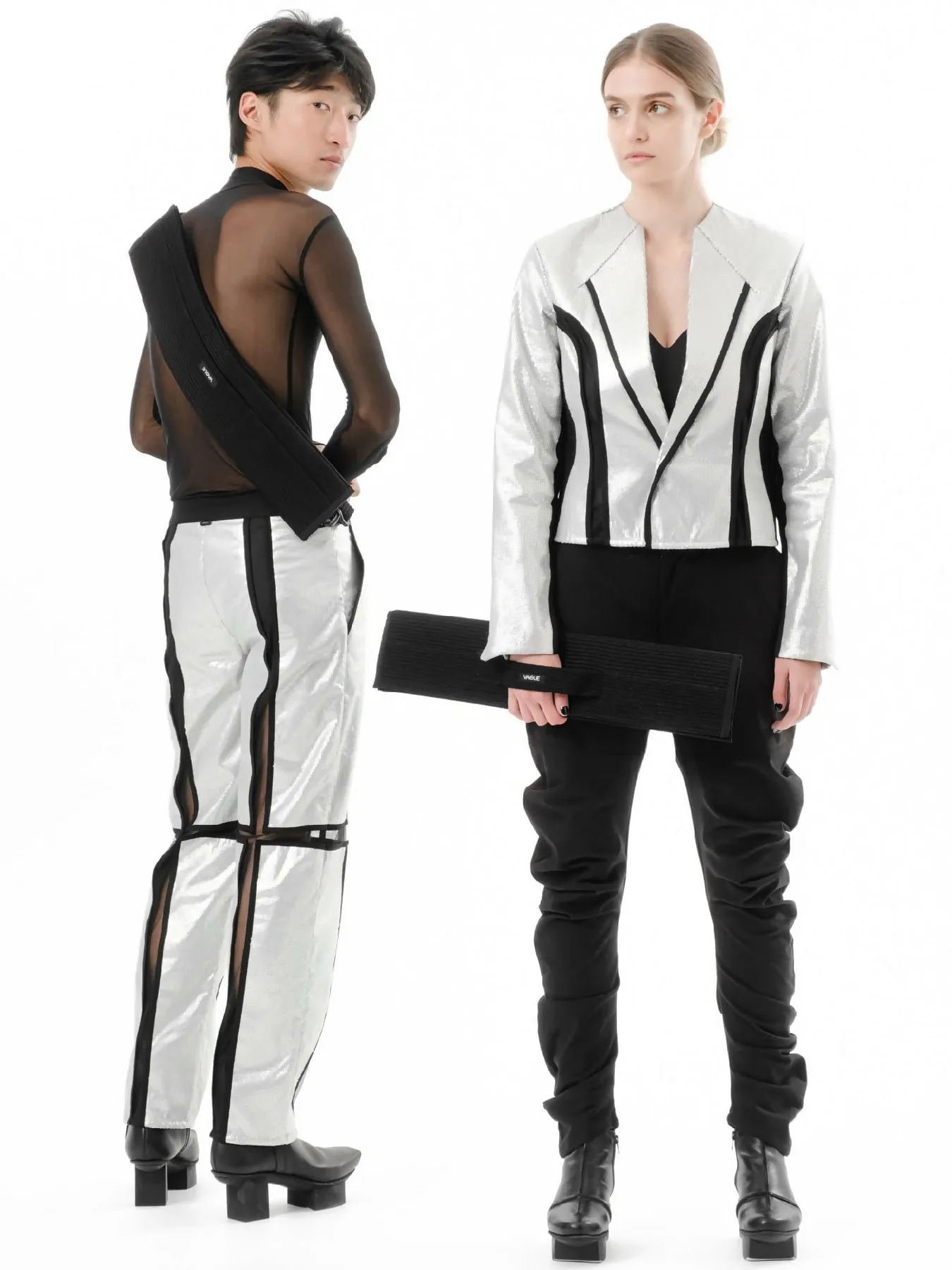 DIAPHANUM SILVER SEQUINED STREIGHT LEG PANTS
