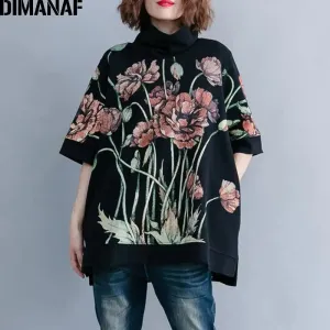 DIMANAF Plus Size Turtleneck Pullover with Floral Print for Women