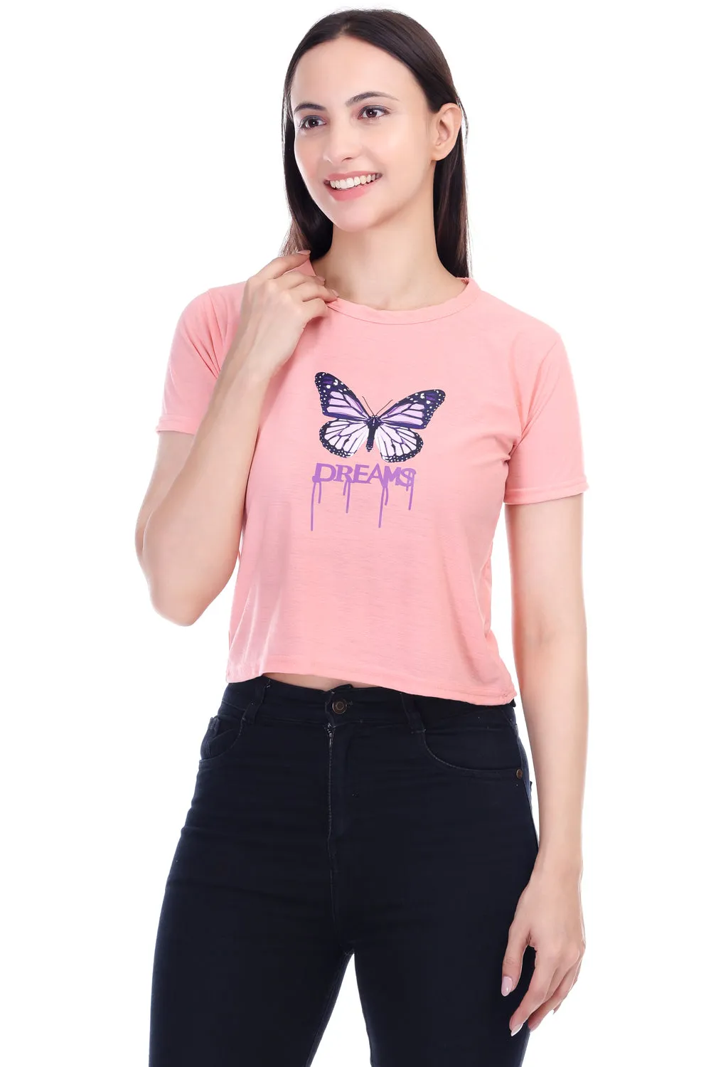 DK FASHION Women's  Women Solid Round Neck Pure Cotton Butterfly Peach T-Shirt