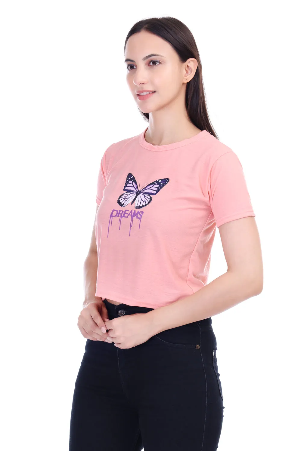 DK FASHION Women's  Women Solid Round Neck Pure Cotton Butterfly Peach T-Shirt