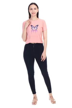 DK FASHION Women's  Women Solid Round Neck Pure Cotton Butterfly Peach T-Shirt