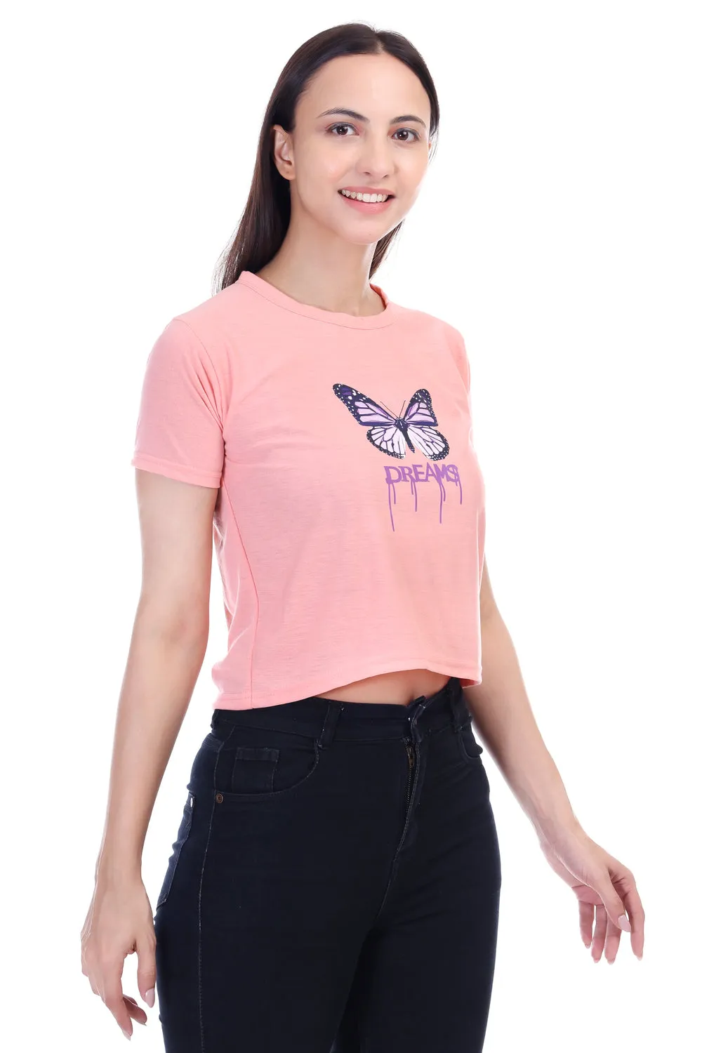 DK FASHION Women's  Women Solid Round Neck Pure Cotton Butterfly Peach T-Shirt