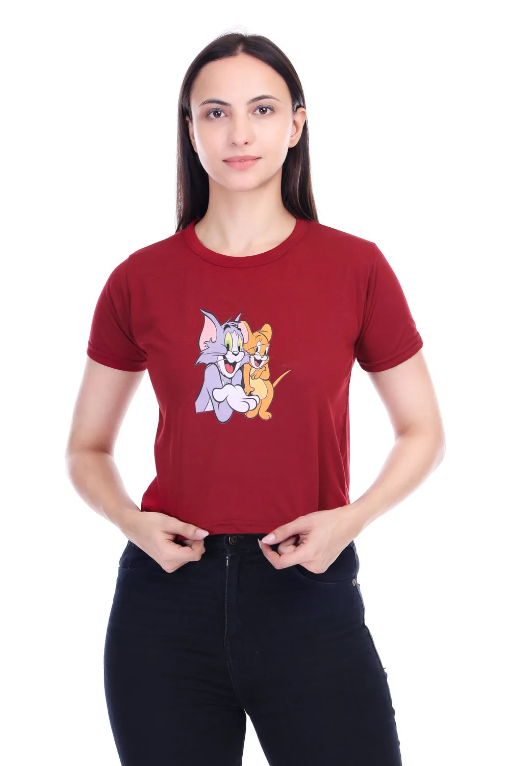 DK FASHION Women's  Women Solid Round Neck Pure Cotton Tom Print T-Shirt