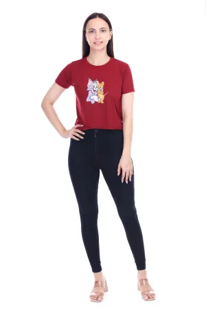 DK FASHION Women's  Women Solid Round Neck Pure Cotton Tom Print T-Shirt