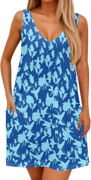 Dresses for Women 2025 Summer Floral Mini Dress V Neck Flowy Dresses Beach Sundress with Pockets