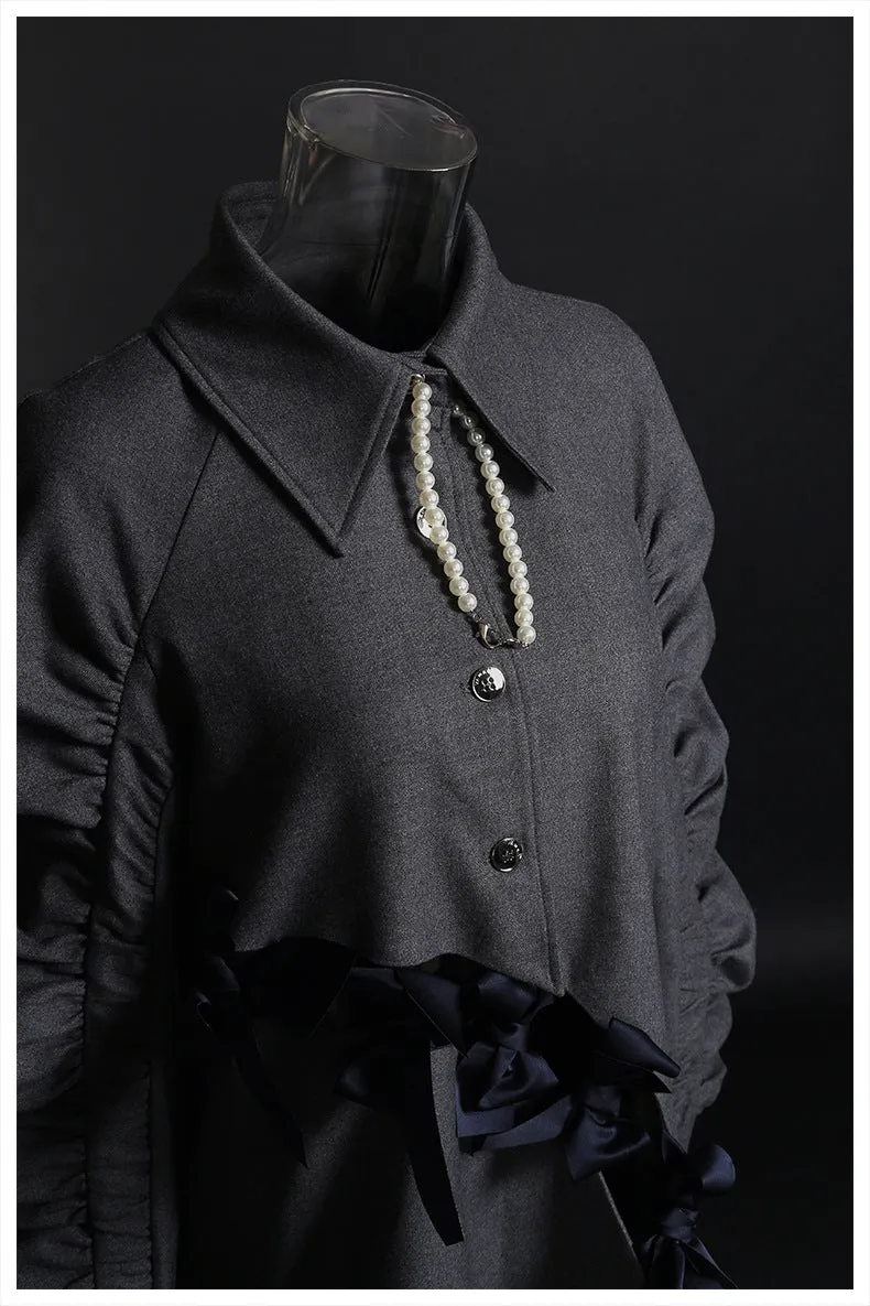 Elegant Bow Cutout Pleated Puff Sleeve Gray Shirt