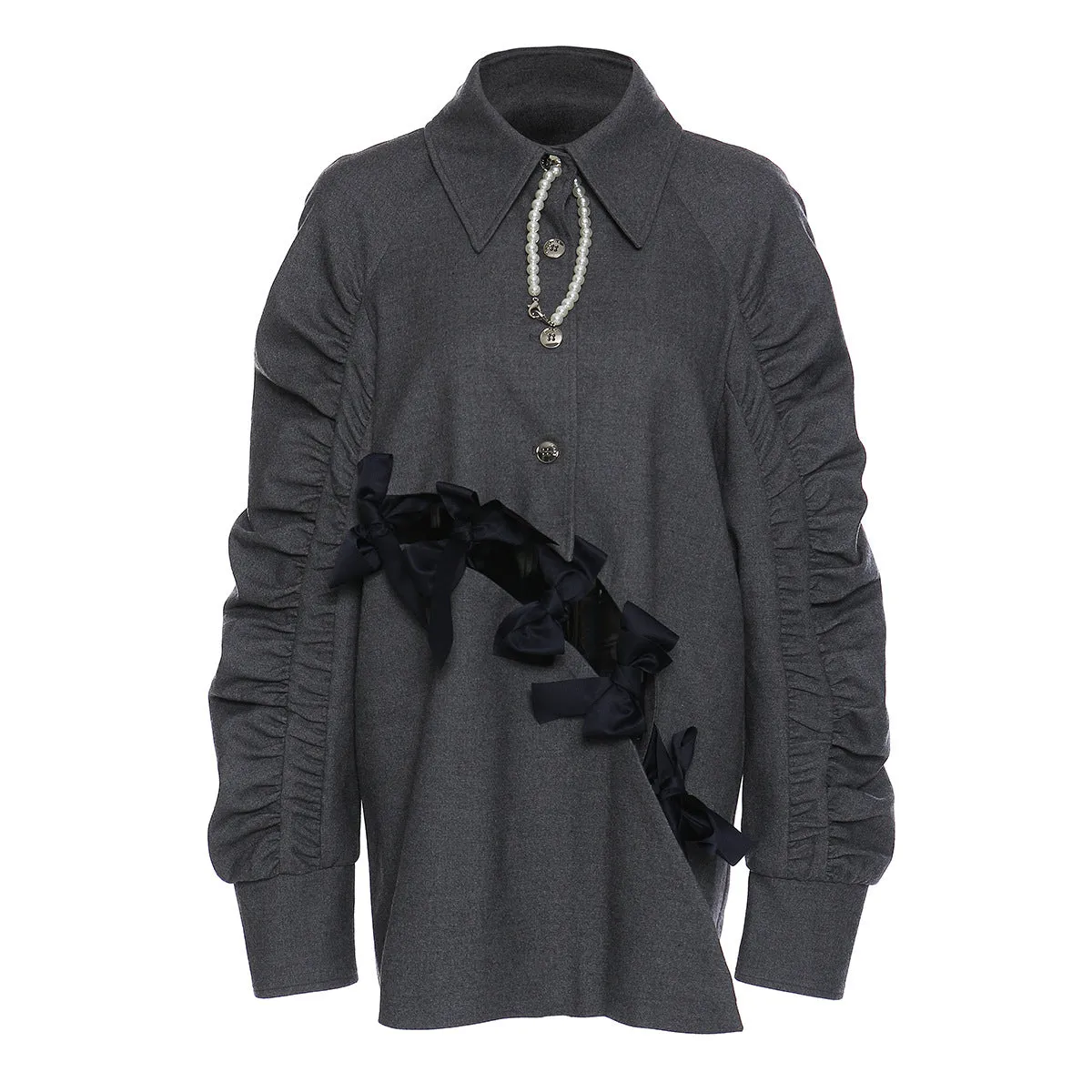Elegant Bow Cutout Pleated Puff Sleeve Gray Shirt