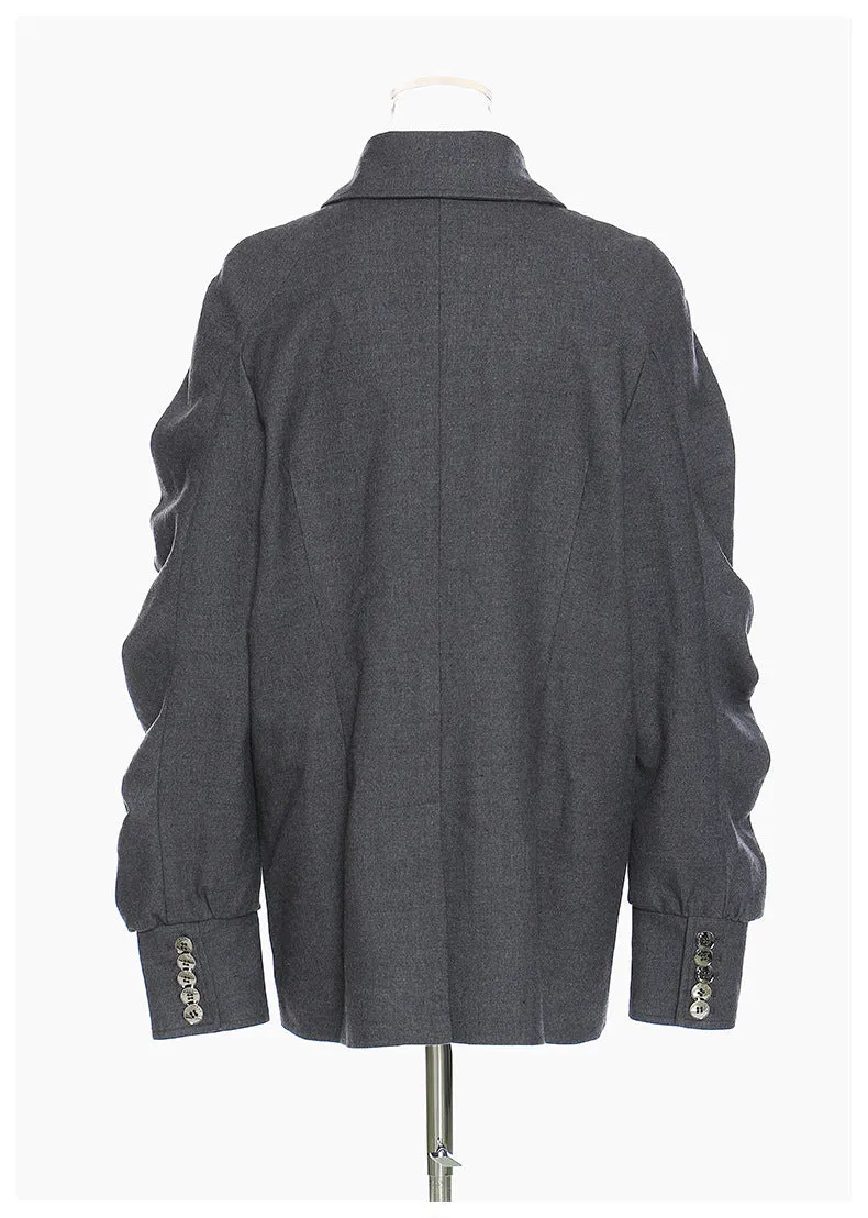 Elegant Bow Cutout Pleated Puff Sleeve Gray Shirt