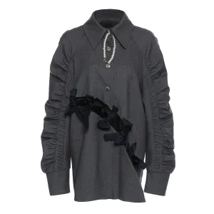 Elegant Bow Cutout Pleated Puff Sleeve Gray Shirt