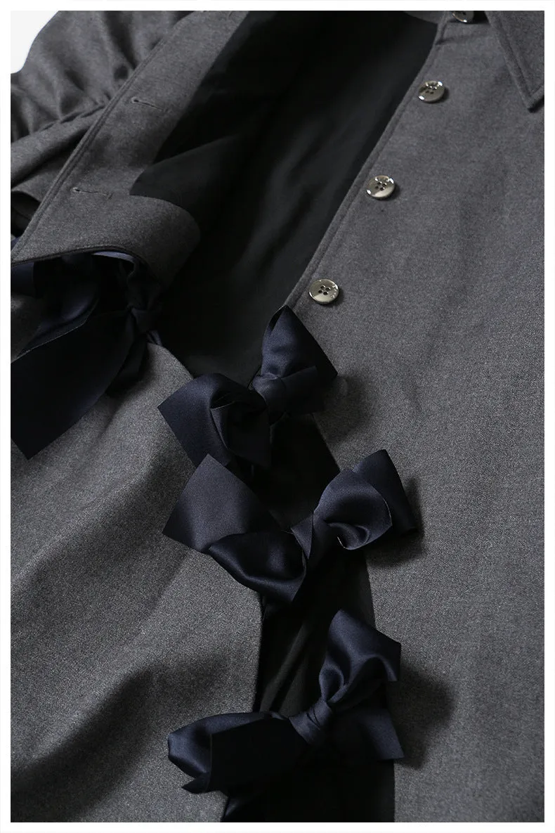 Elegant Bow Cutout Pleated Puff Sleeve Gray Shirt