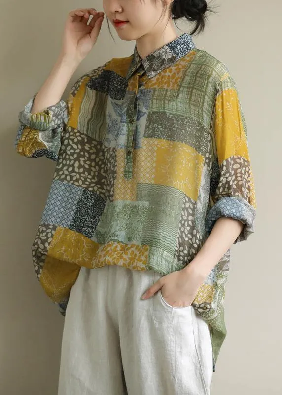 Elegant Lapel Shirts Wardrobes Yellow-green Print Shirts