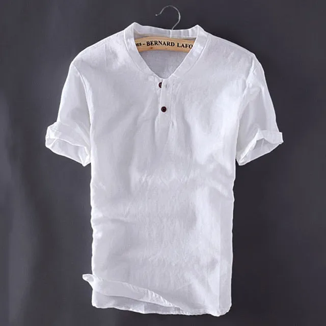 Fashionable Mens Pullover Linen Shirts Short Sleeve for Summer