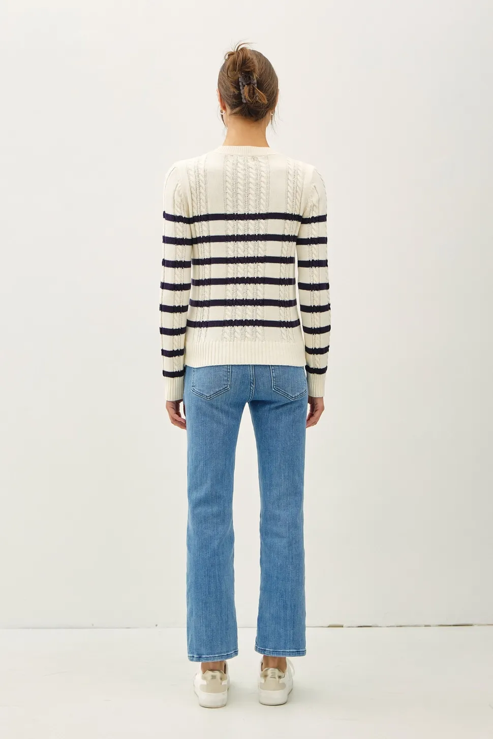 FINAL SALE Navy Classic Cable Knit Striped Cotton Blend Sweater