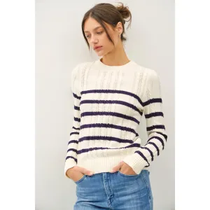 FINAL SALE Navy Classic Cable Knit Striped Cotton Blend Sweater
