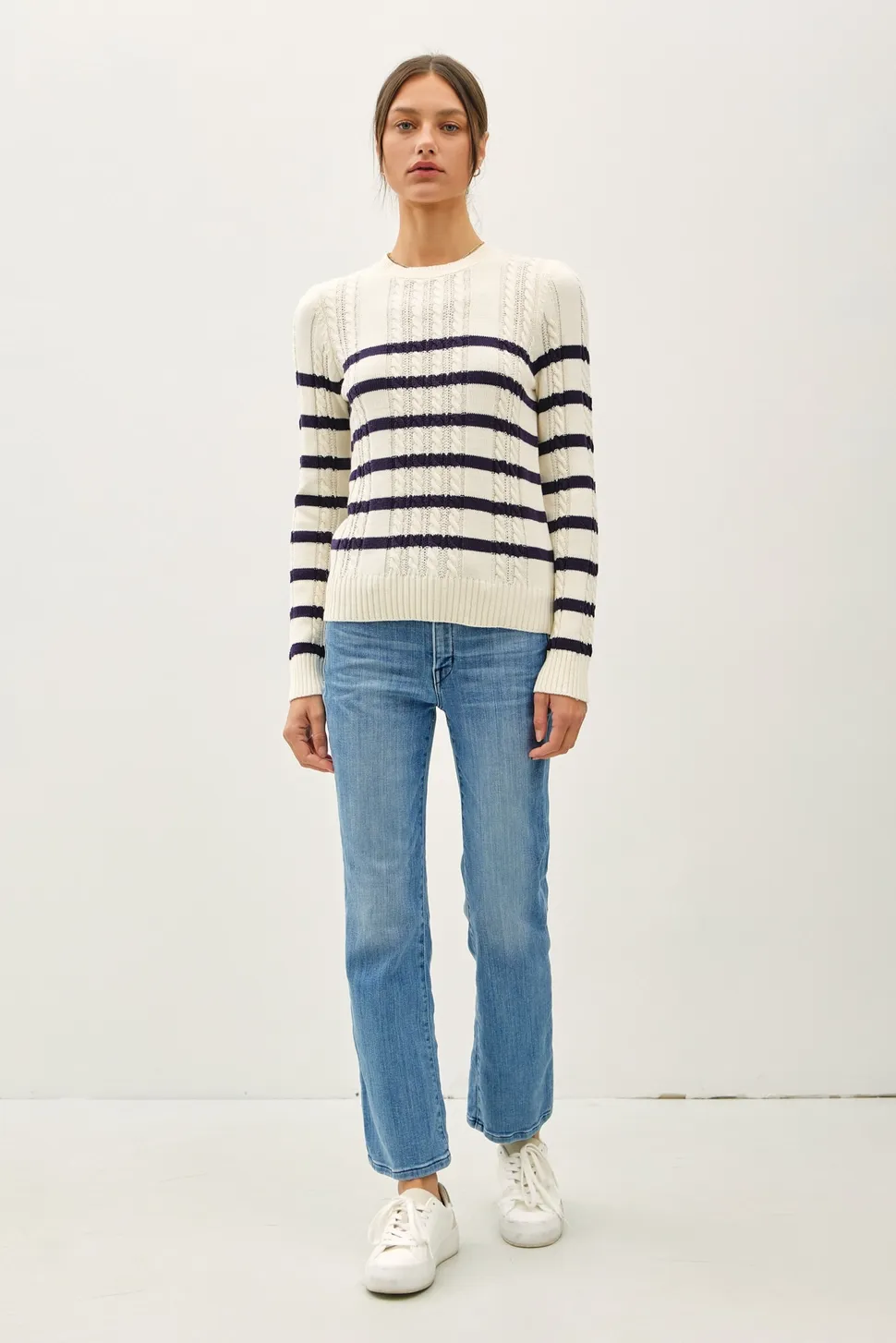 FINAL SALE Navy Classic Cable Knit Striped Cotton Blend Sweater