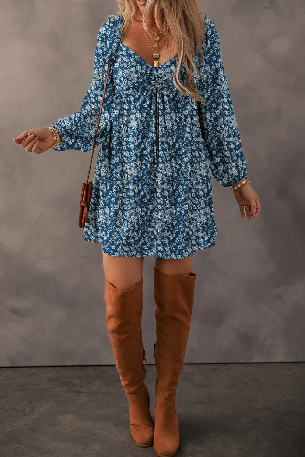Floral Print Sweetheart Neck Mini Dress