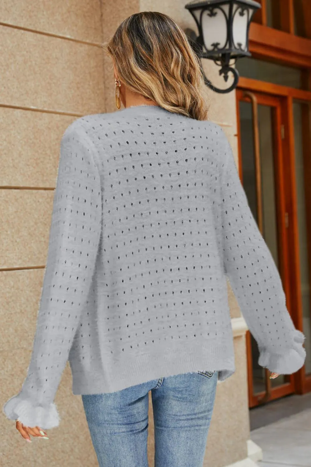Fulfilling Flounce Sleeve Button-Up Openwork  Fuzzy Cardigan