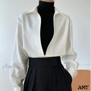 Gidyq Vintage Elegant Loose Fall Solid V-Neck Simple Outerwear Blouse