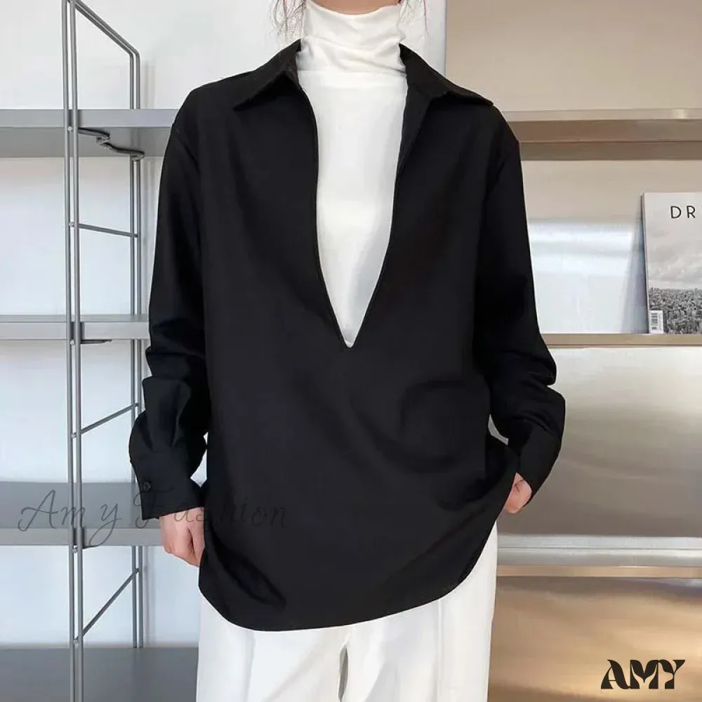 Gidyq Vintage Elegant Loose Fall Solid V-Neck Simple Outerwear Blouse