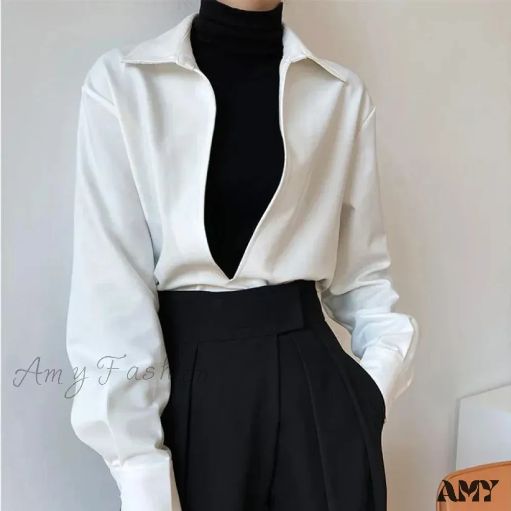 Gidyq Vintage Elegant Loose Fall Solid V-Neck Simple Outerwear Blouse