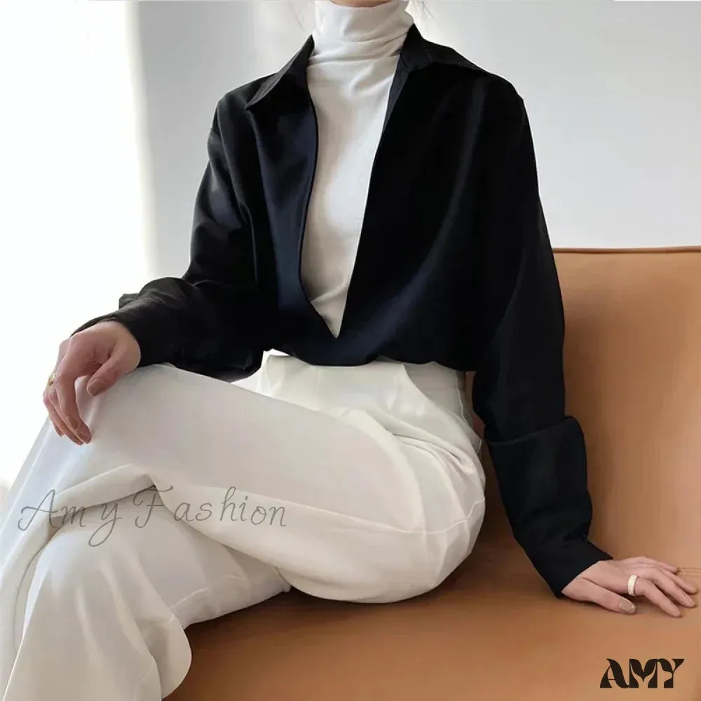 Gidyq Vintage Elegant Loose Fall Solid V-Neck Simple Outerwear Blouse