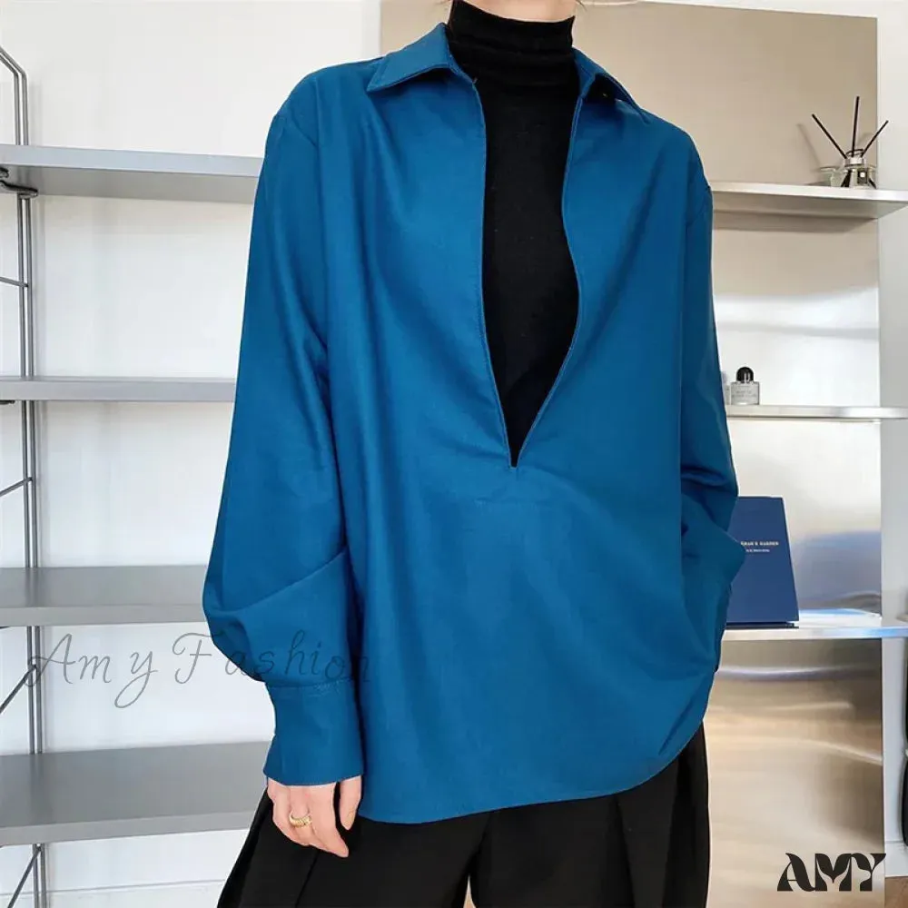 Gidyq Vintage Elegant Loose Fall Solid V-Neck Simple Outerwear Blouse