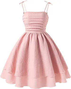 Girls Smocked Ruched A Line Swing Dress Layered Tie Shoulder Flowy Cami Dress Summer Beach Sleeveless Boho Sundress