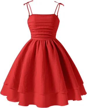 Girls Smocked Ruched A Line Swing Dress Layered Tie Shoulder Flowy Cami Dress Summer Beach Sleeveless Boho Sundress